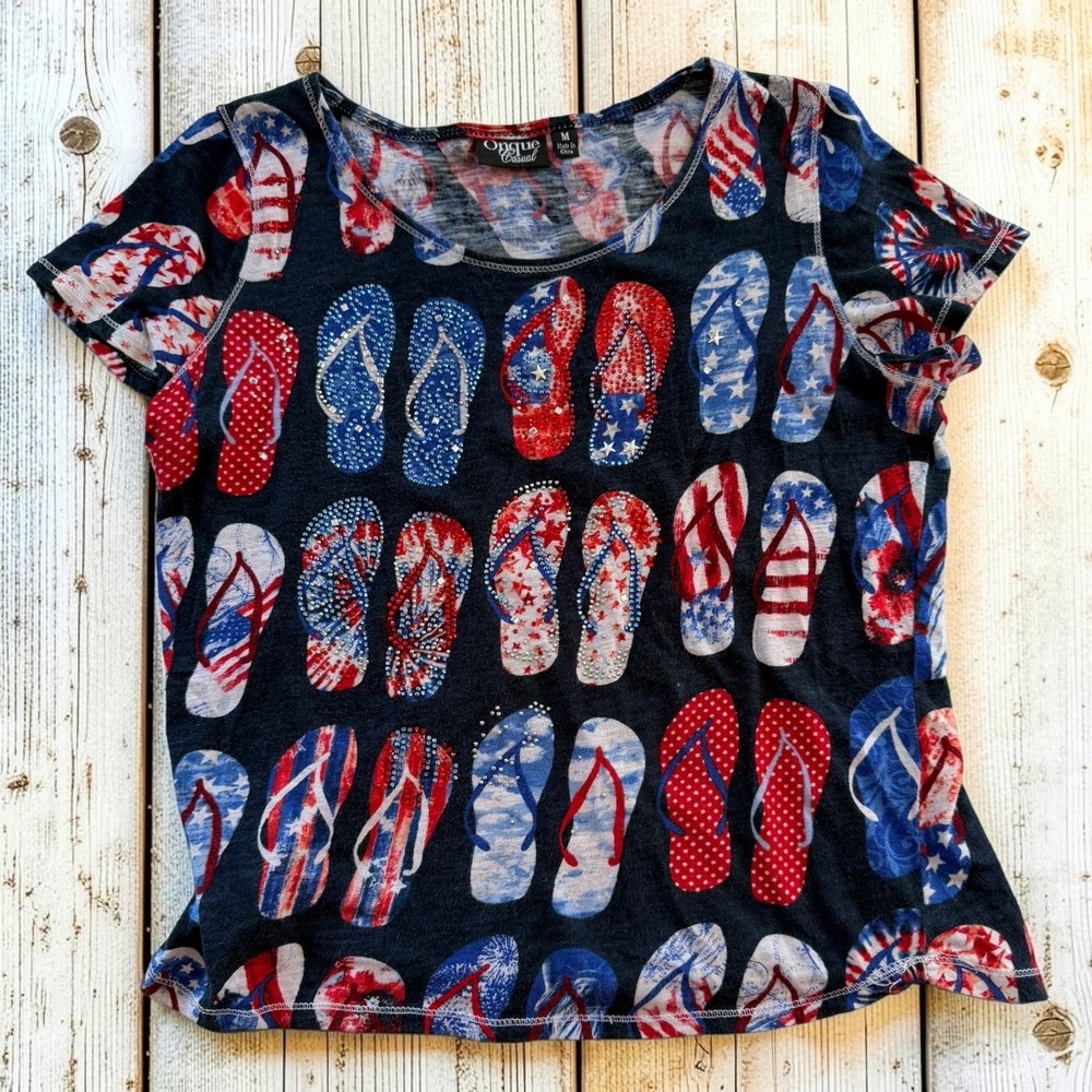 Onque Casual Womens Patriotic Flip Flop Rhinestone Cotton T-Shirt Navy Blue M